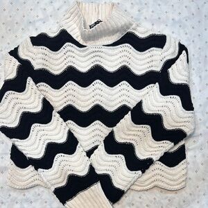 Zara Black and Cream Cowl Neck Sweater with Wave Pattern